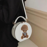 Vintage Leather Shoulder Bag Woman Bear Round Crossbody Bag