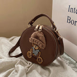 Vintage Leather Shoulder Bag Woman Bear Round Crossbody Bag