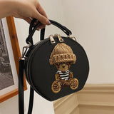 Vintage Leather Shoulder Bag Woman Bear Round Crossbody Bag