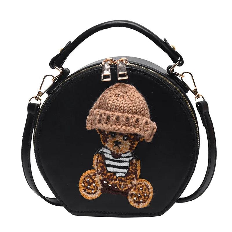 Vintage Leather Shoulder Bag Woman Bear Round Crossbody Bag