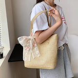 Woven Rattan Bag Lace Bow Straw Handbag