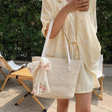Woven Rattan Bag Lace Bow Straw Handbag