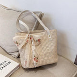 Woven Rattan Bag Lace Bow Straw Handbag