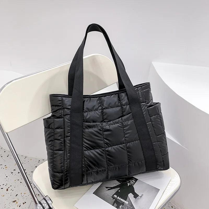 Nylon Shoulder Bags for Women Down Feather Tote Bag Plaid Quilted Handbag