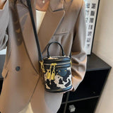 Leopard PU Leather Crossbody Mini Bag for Women Zipper Round Bucket Handbag