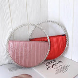 Red Rhinestone Circular Handle Evening Bag Diamonds Round Clutch Purse