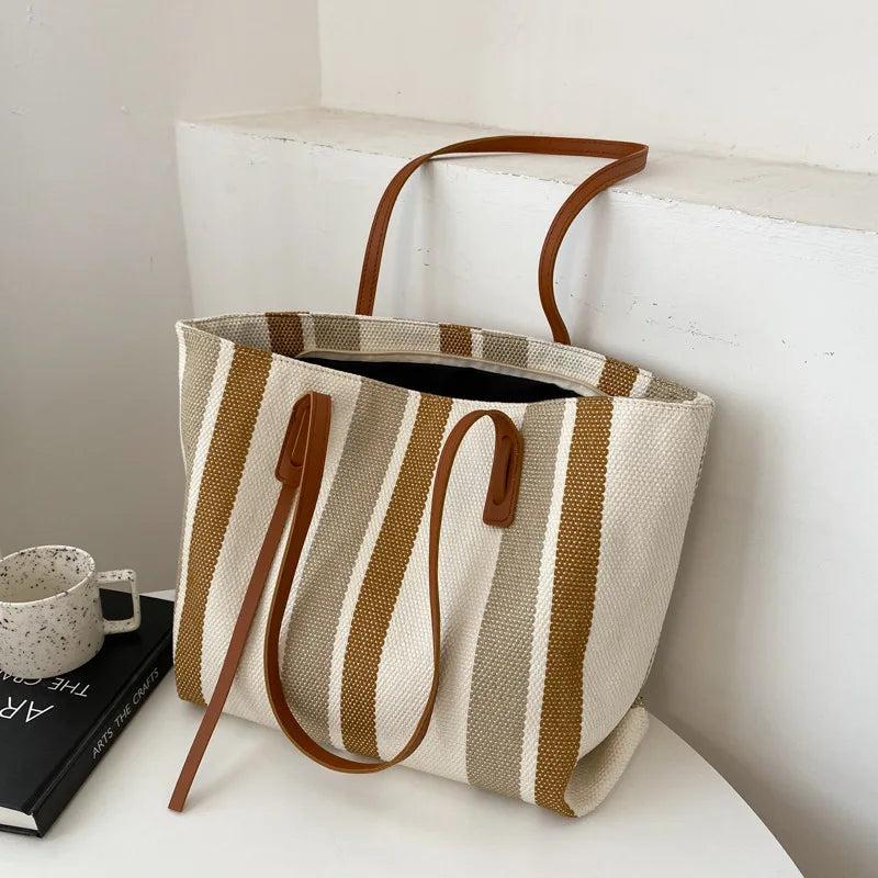 Large Capacity Women's Shoulder Bags Vertical Stripe Tote Bag
