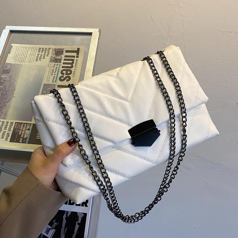 Embroidery Thread PU Leather Crossbody Bag with Chain Shoulder Strap