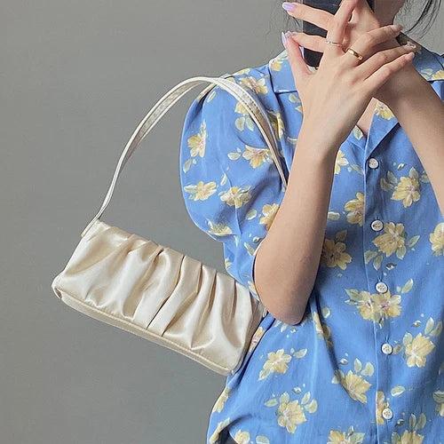 Vintage Satin Folds Shoulder Bag for Woman Solid Soft-Faced Zipper Handbag Women