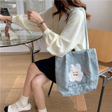 Corduroy Girl Embroidery Student Schoolbag Top-handle Literature Handbag