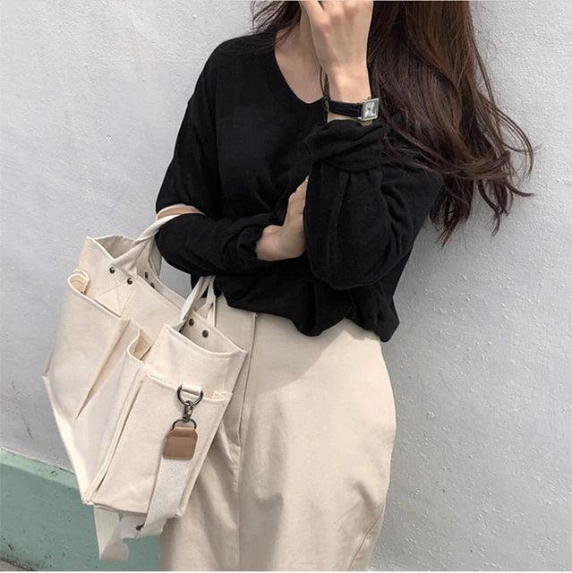 Canvas Tote Handbag with Wide Shoulder Strap