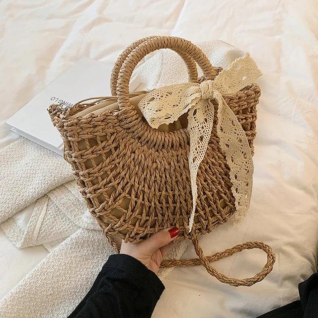 Boho Straw Beach Tote Hand-Woven Shoulder Bag