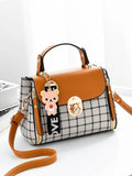 Grid Female Shoulder Bag Cartoon Decor PU Tote Plaid Girls' Gift