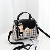 Grid Female Shoulder Bag Cartoon Decor PU Tote Plaid Girls' Gift