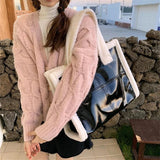 Women Shoulder Bags Lamb Wool Stitching Leather Ladies Large Casual Tote Bag