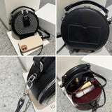 Round Handbag Diamond Studded Shoudler Bag PU Handle Purse Bolsa Circular Tote