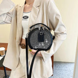 Round Handbag Diamond Studded Shoudler Bag PU Handle Purse Bolsa Circular Tote