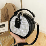 Round Handbag Diamond Studded Shoudler Bag PU Handle Purse Bolsa Circular Tote
