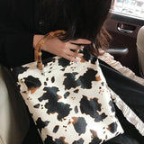 Vintage Cow Pattern Women Handbags Bamboo Handle Hand Bags