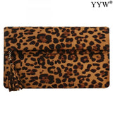 Leopard Brown Leather Clutch Bag with Tassels for Women