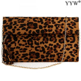 Leopard Brown Leather Clutch Bag with Tassels for Women
