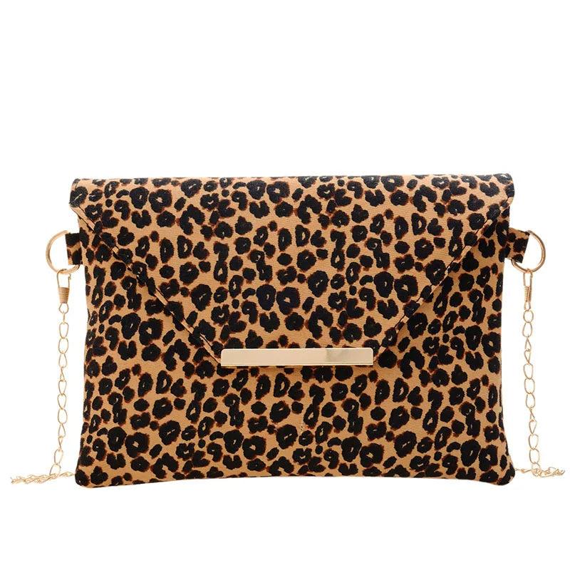 Leopard Brown Leather Clutch Bag with Tassels for Women