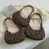 Leopard Print Half Moon Small Handbags for Women Autumn Canvas Shoulder Bags