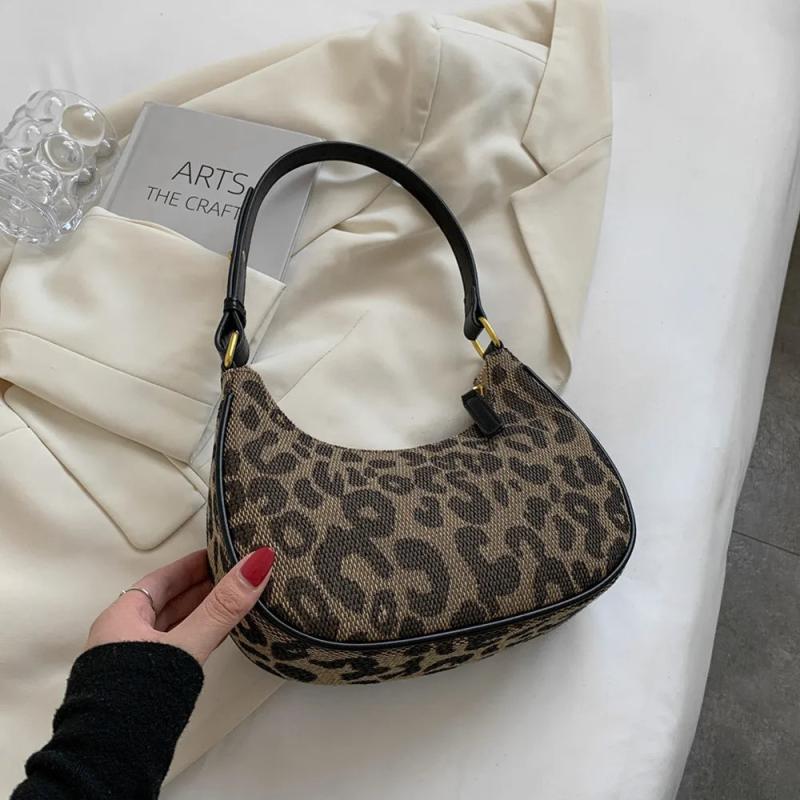 Leopard Print Half Moon Small Handbags for Women Autumn Canvas Shoulder Bags
