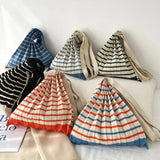 Winter Knitted Shoulder Bag Women Stripe Stitching Tote