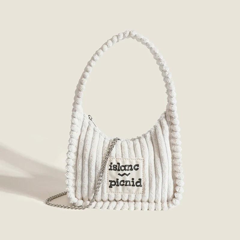 Women's Plush Crossbody Bag Solid Stripe Chain Mini Shoulder Bag