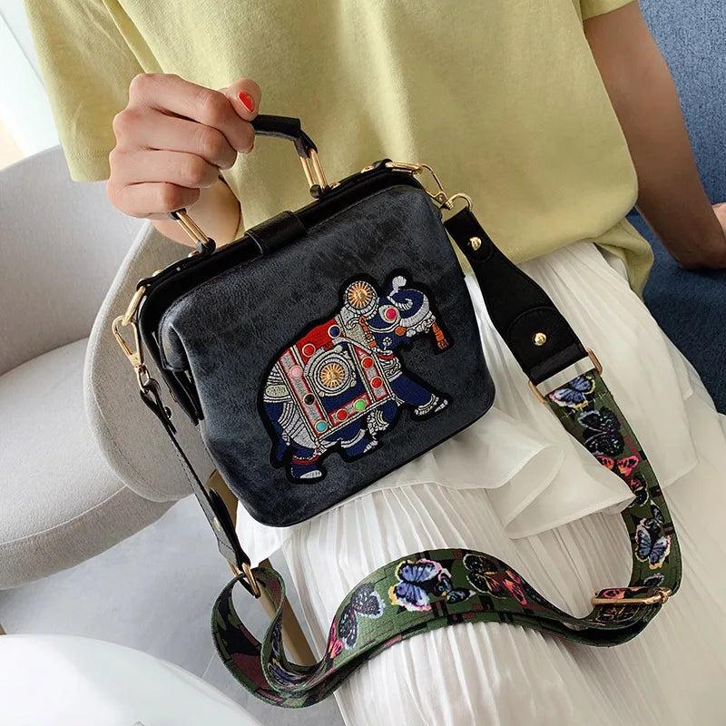 Vintage Embroidery Elephant Bag Wide Strap PU Leather Women Shoulder Crossbody B