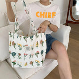 Embroidery Plants Women's Shoulder Bag Retro Flower Large Shopping Tote