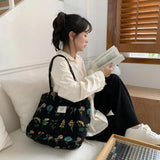 Embroidery Plants Women's Shoulder Bag Retro Flower Large Shopping Tote