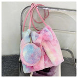 Pink Bow Women Plush Shoulder Bags Bucket Bags Faux Fur Handbag