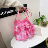 Pink Bow Women Plush Shoulder Bags Bucket Bags Faux Fur Handbag