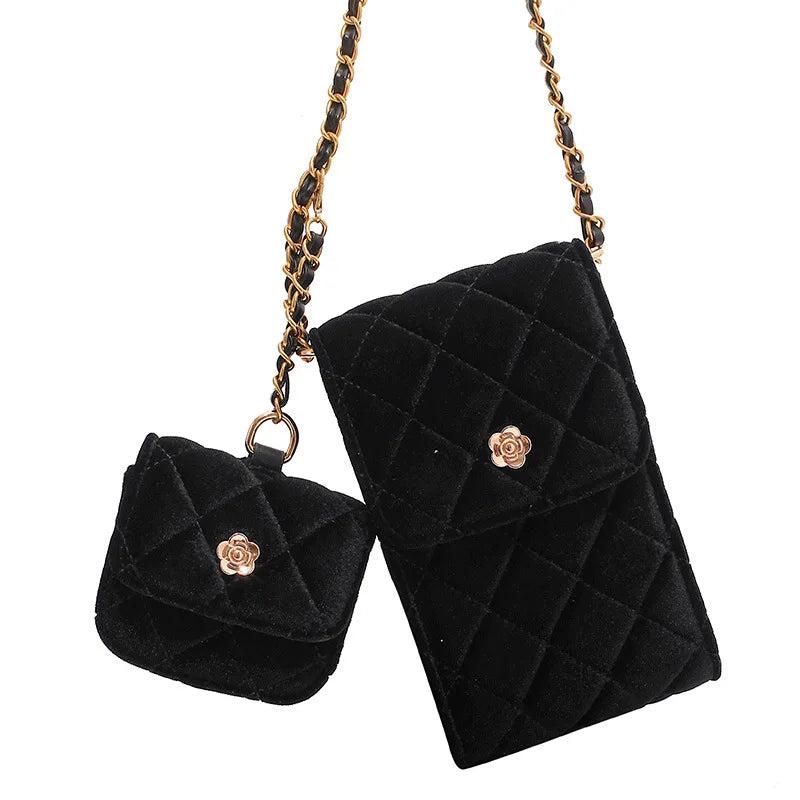 Velvet Shoulder Messenger Bag With Purse Female Lattice Crossbody Bag