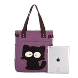 Canvas Women's Cat Applique Handbag with Diamonds Shoulder Bag Totes