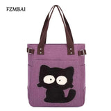 Canvas Women's Cat Applique Handbag with Diamonds Shoulder Bag Totes