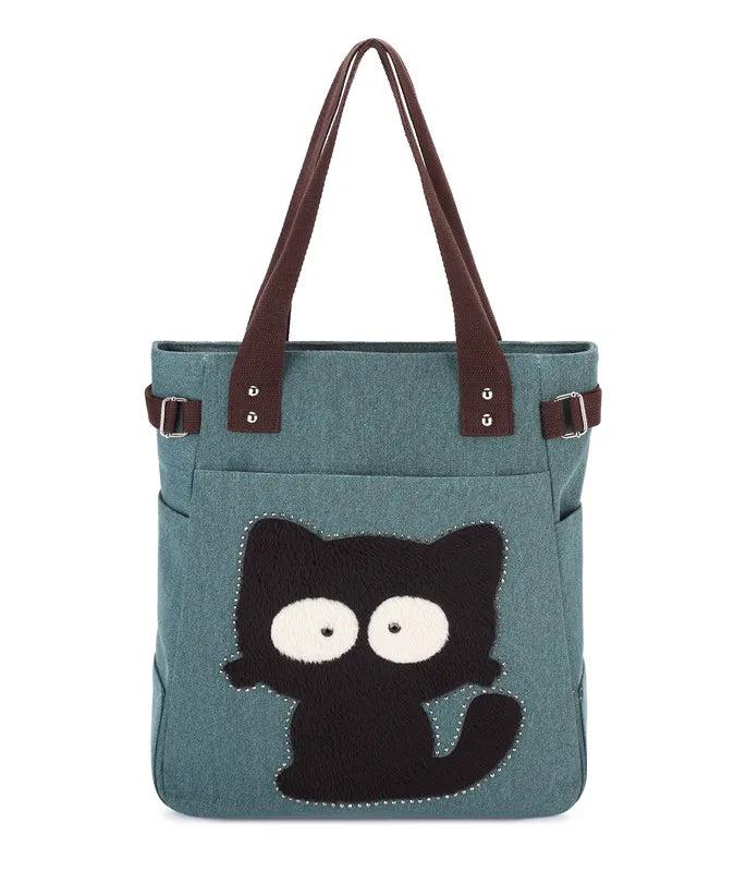 Canvas Women's Cat Applique Handbag with Diamonds Shoulder Bag Totes