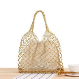 Silver Thread Hand Woven Shoulder Bag Straw Handbag Hard Bottom