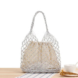 Silver Thread Hand Woven Shoulder Bag Straw Handbag Hard Bottom