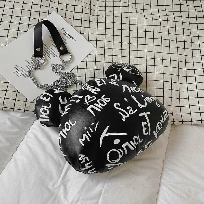 Graffiti Cartoon Bear Chain Shoulder Bag for Women Ladies Purses