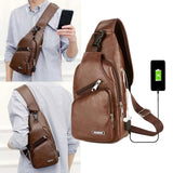 Men Leather USB Charging Casual Sports Backpack
