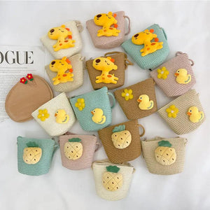 Cartoon Straw Woven Shoulder Bag for Kids