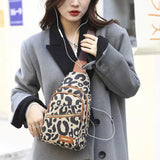 Leopard Print Sling Bag Leather Shoulder Multi-Pockets Headphone Hole