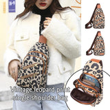 Leopard Print Sling Bag Leather Shoulder Multi-Pockets Headphone Hole
