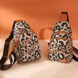Leopard Print Sling Bag Leather Shoulder Multi-Pockets Headphone Hole