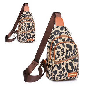 Leopard Print Sling Bag Leather Shoulder Multi-Pockets Headphone Hole