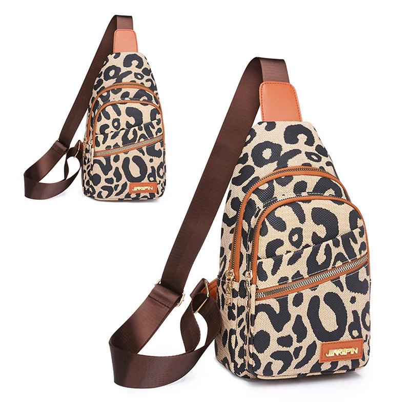 Leopard Print Sling Bag Leather Shoulder Multi-Pockets Headphone Hole