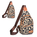 Leopard Print Sling Bag Leather Shoulder Multi-Pockets Headphone Hole